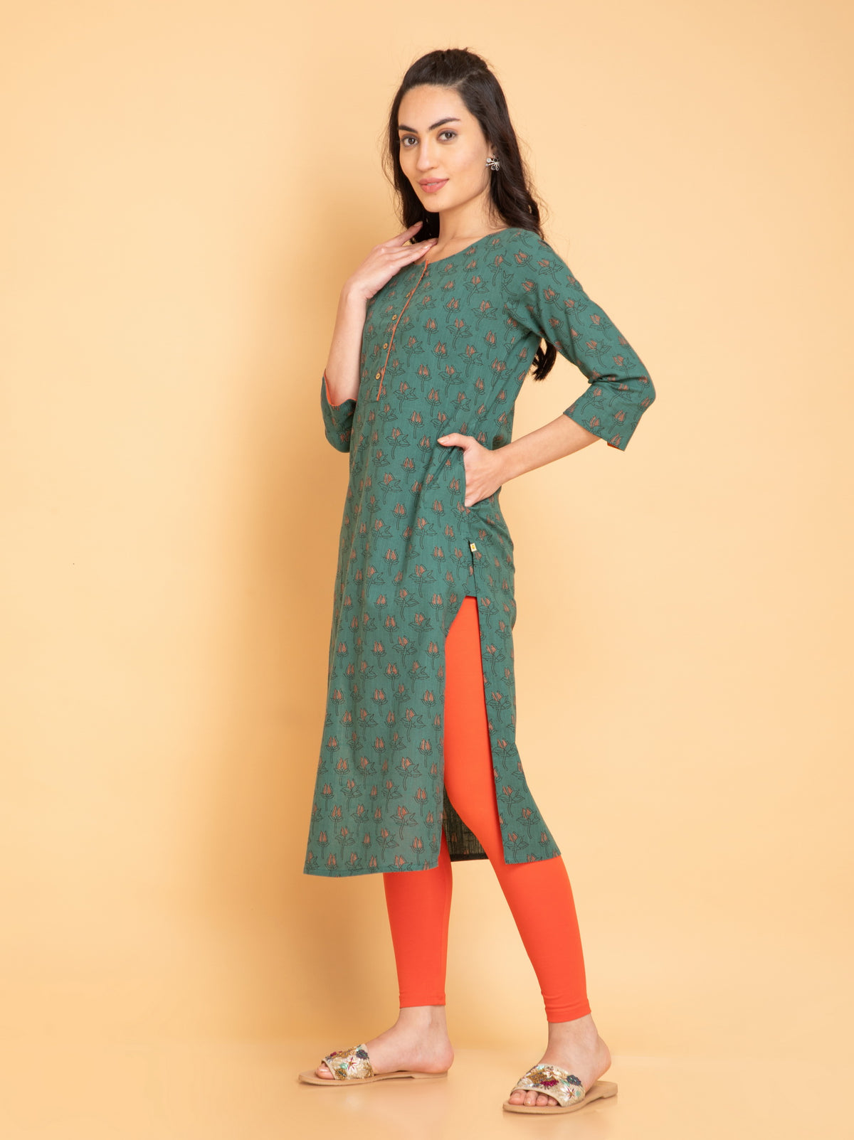 Printed Long Kurti with Fabric Trims