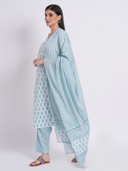 Hand Printed 3-Piece Kurta Set with Sequined Mirror Work