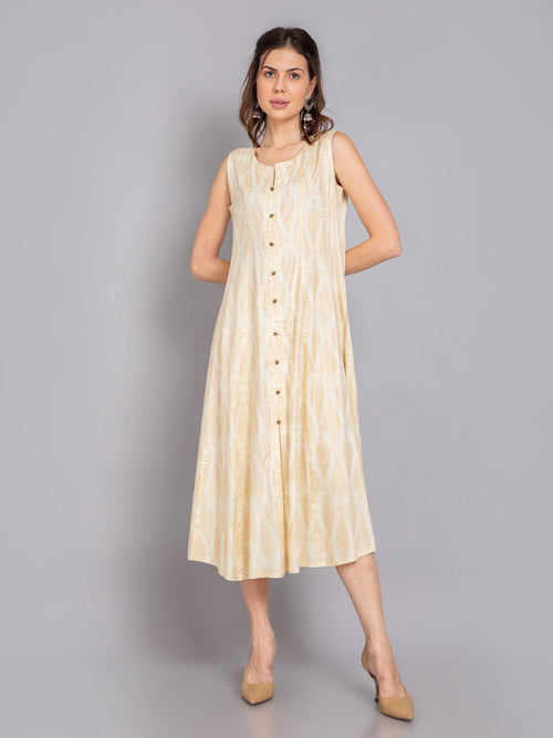 Gold Printed Sleeveless Long Kalidar Kurti with Buttons