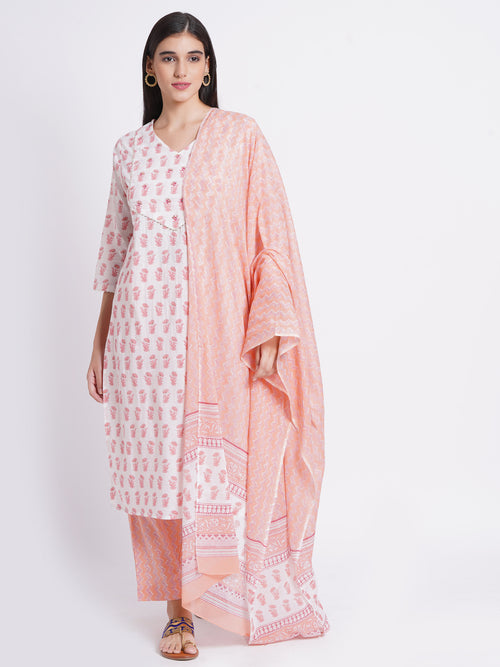 Hand Printed 3-Piece Kurta Set with Sequined Mirror Work