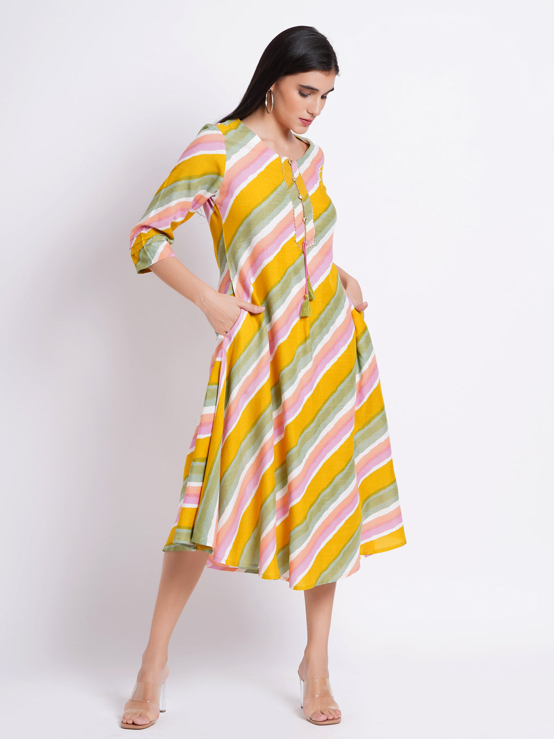 Lehariya Print Flared Kurti Dress with Hand Embellished Zari Placket