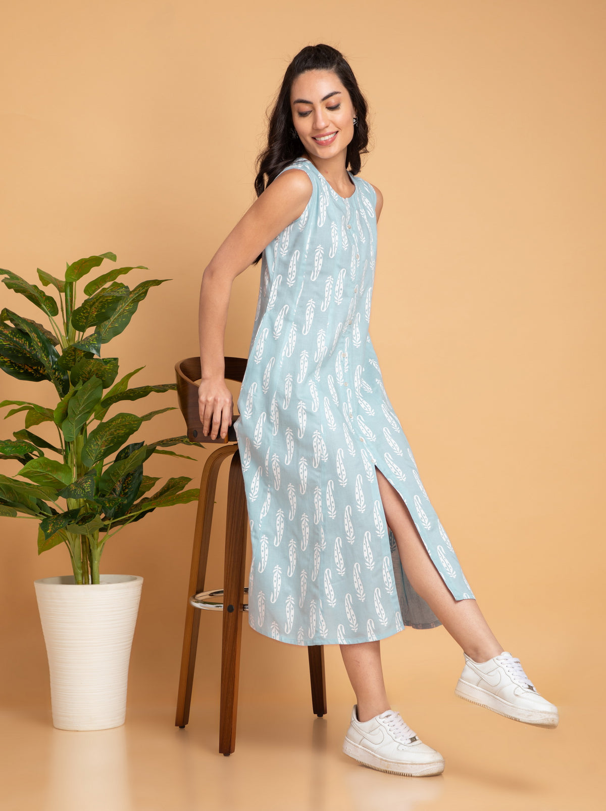 PRINTED KALIDAR LONG DRESS EMBELLISHED WITH BUTTON DETAILS