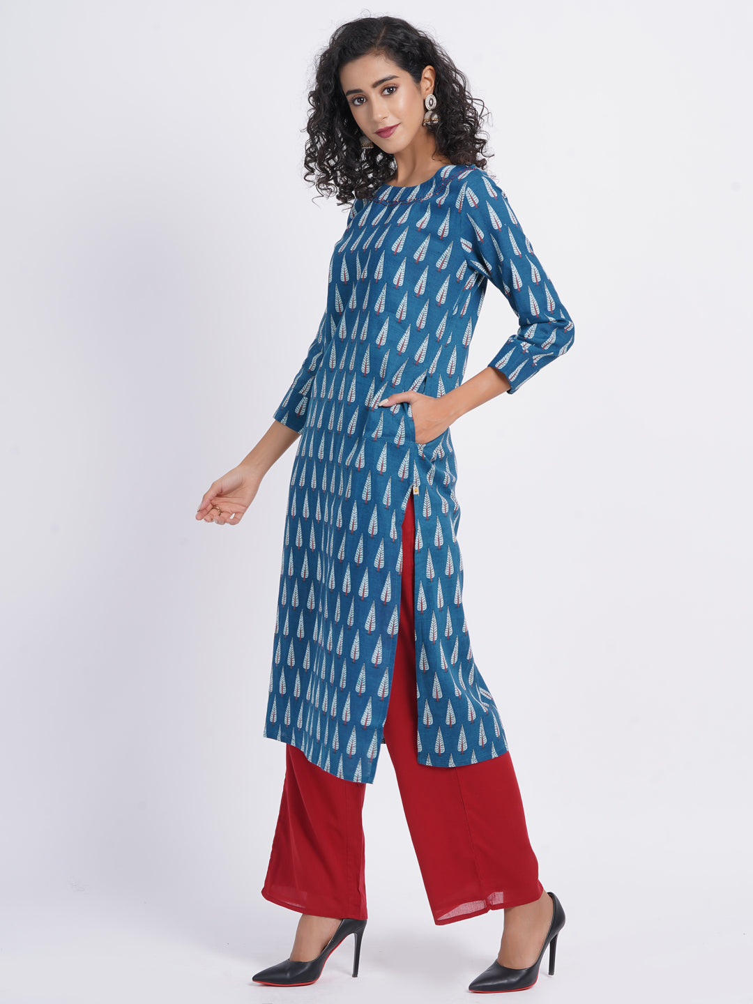 Rayon Linen Printed Boat Neck Kurti with Handwork Details