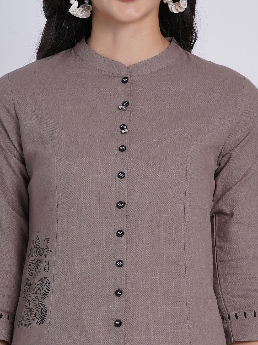 Hand Block Printed A-Line Kurti with Metal Buttons