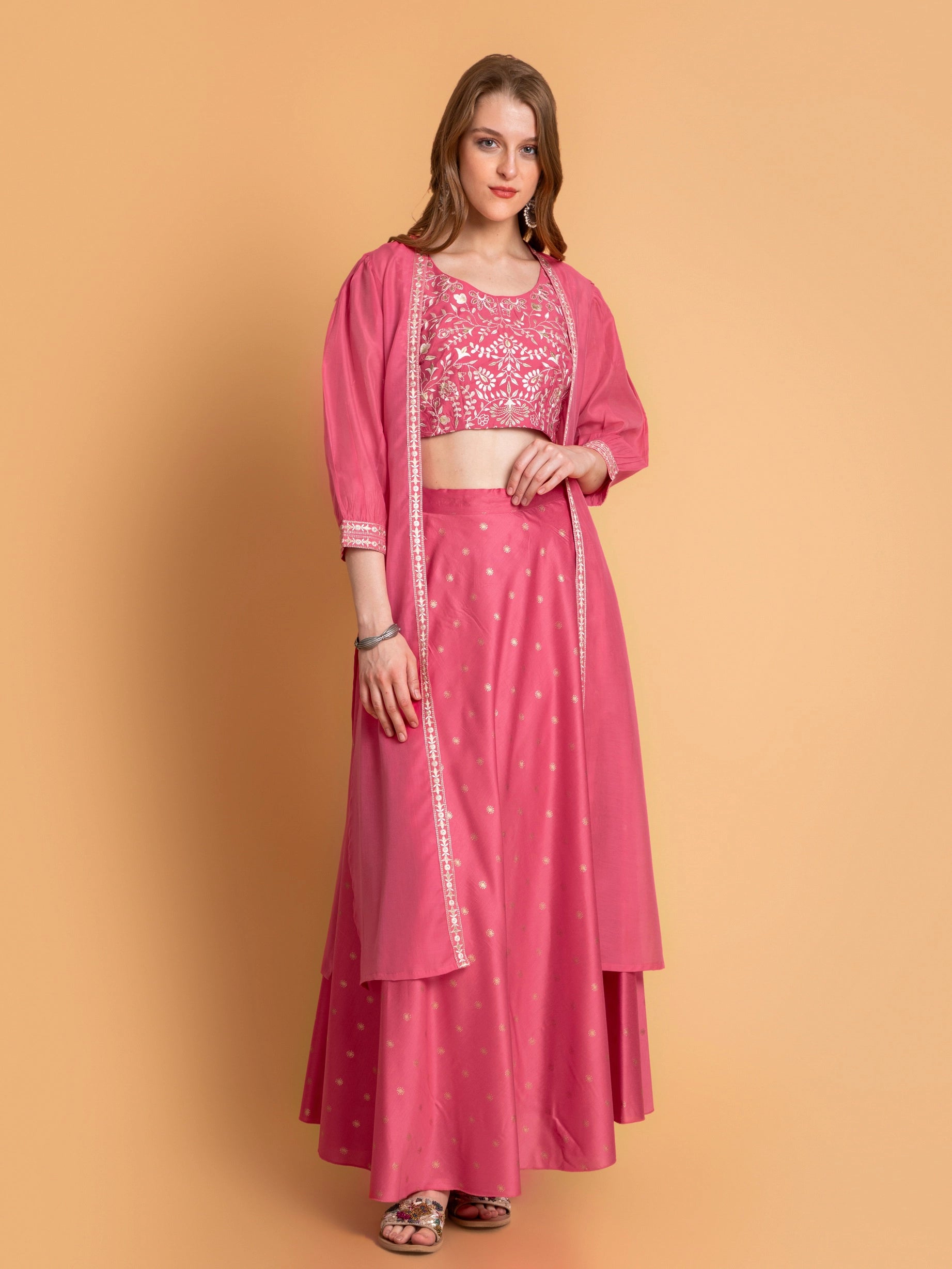 Embroidered Crop Top Skirt, with Long Shrug – 3Pc Fusion Set