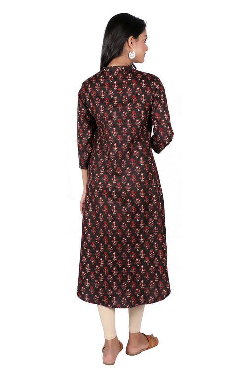 COTTON LINEN PRINTED A-LINE KURTI DETAILED WITH BUTTONS