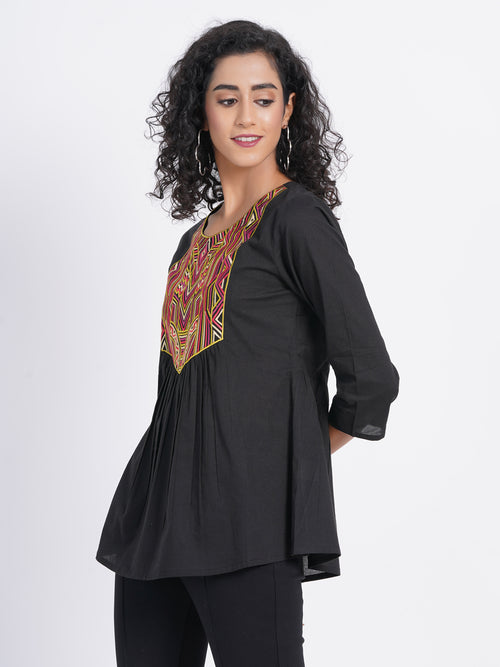 Flared Short Top with Multicolor Geometric Embroidery on Yoke