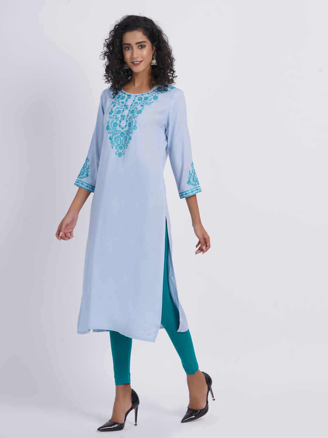 Chikankari Embroidered Rayon Long Kurti with Craft Buttons