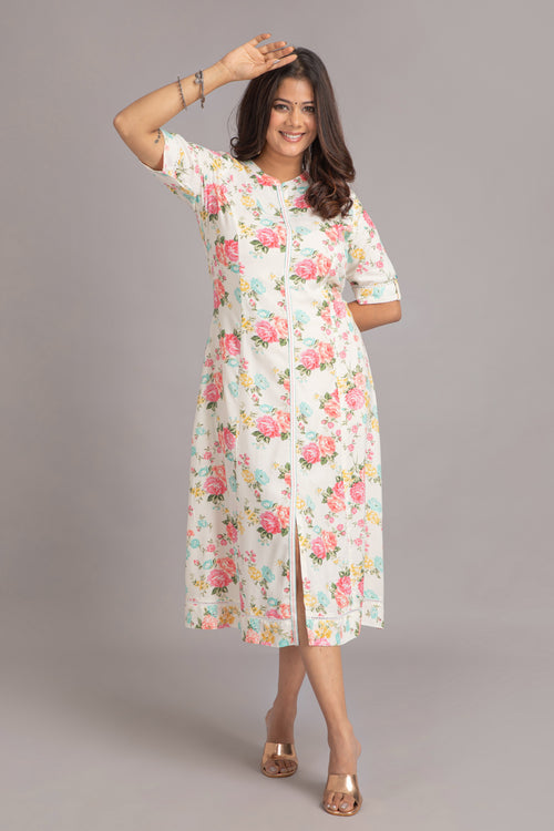 White Floral Printed Long Kurti