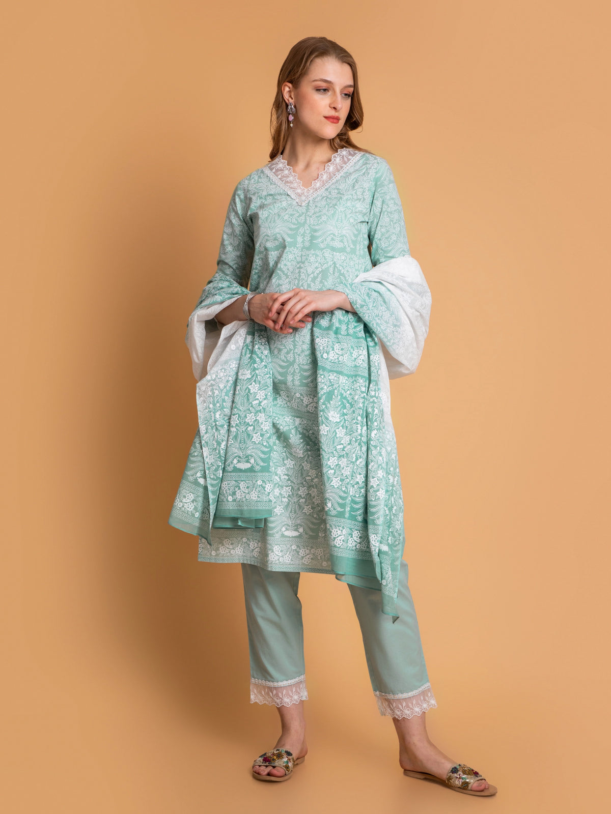 Khadi Printed 3Pc Kurta Pant & Ombre Dupatta Set