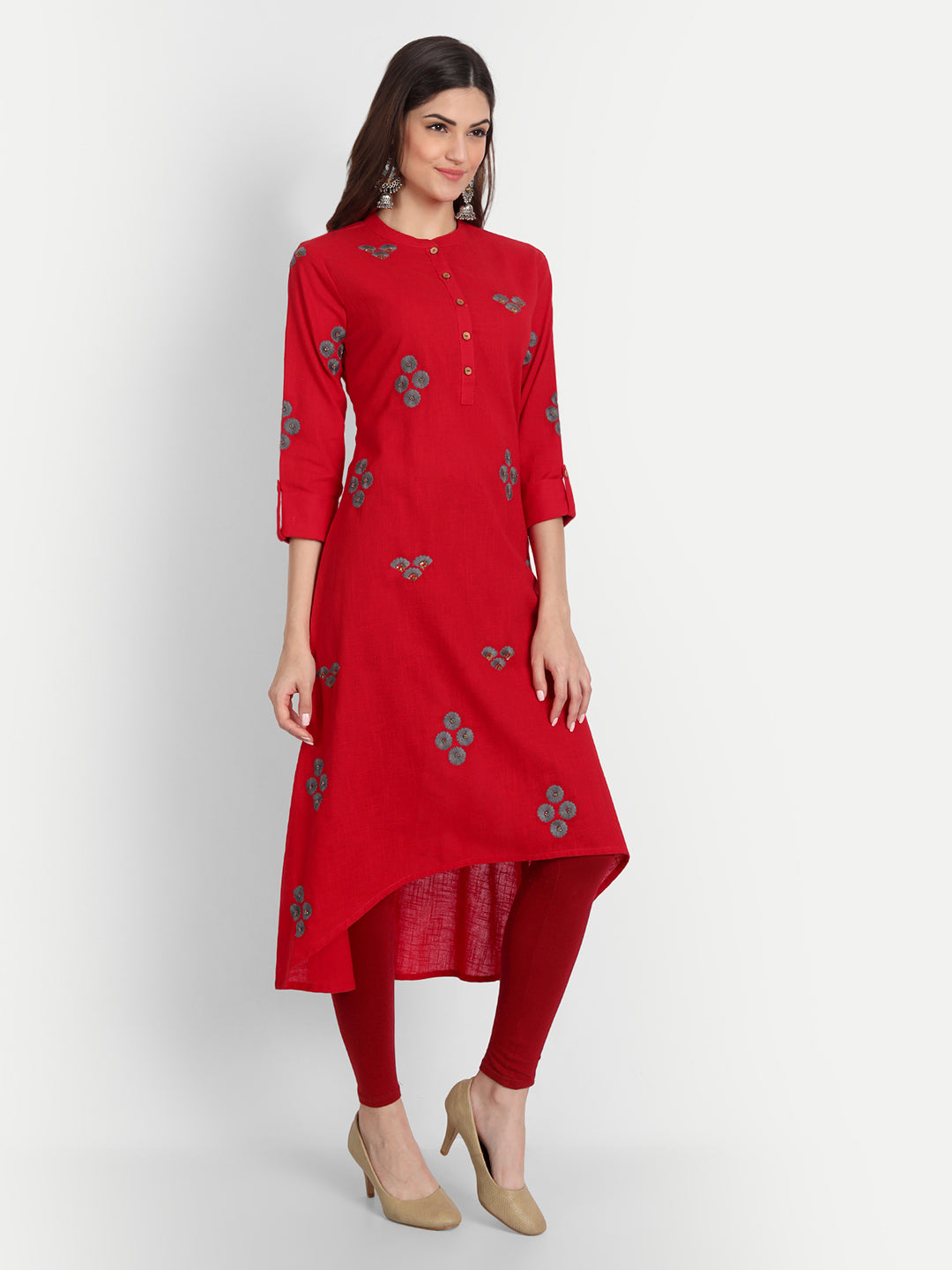 Cotton Slub Embroidered High-Low Long Kurti