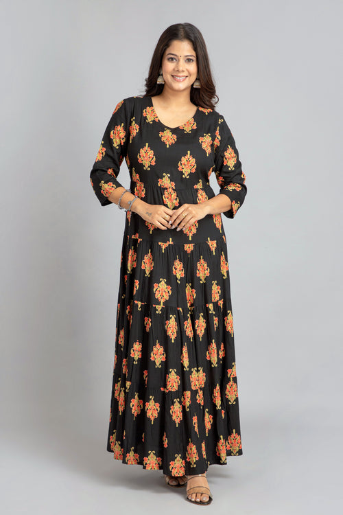 LONG TIERED PRINTED FUSSION DRESS HAND EMBELISHED SEQ