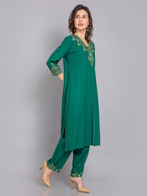 Scalloped 2Pc Kurta Pant Set with Mirror Embroidery