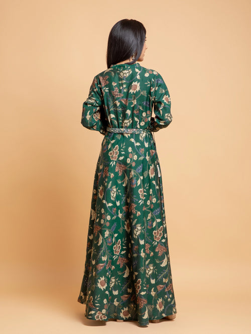 KALAMKARI PRINTED FLAIRED DRESS EMBELLISHED WITH ADDA WORK