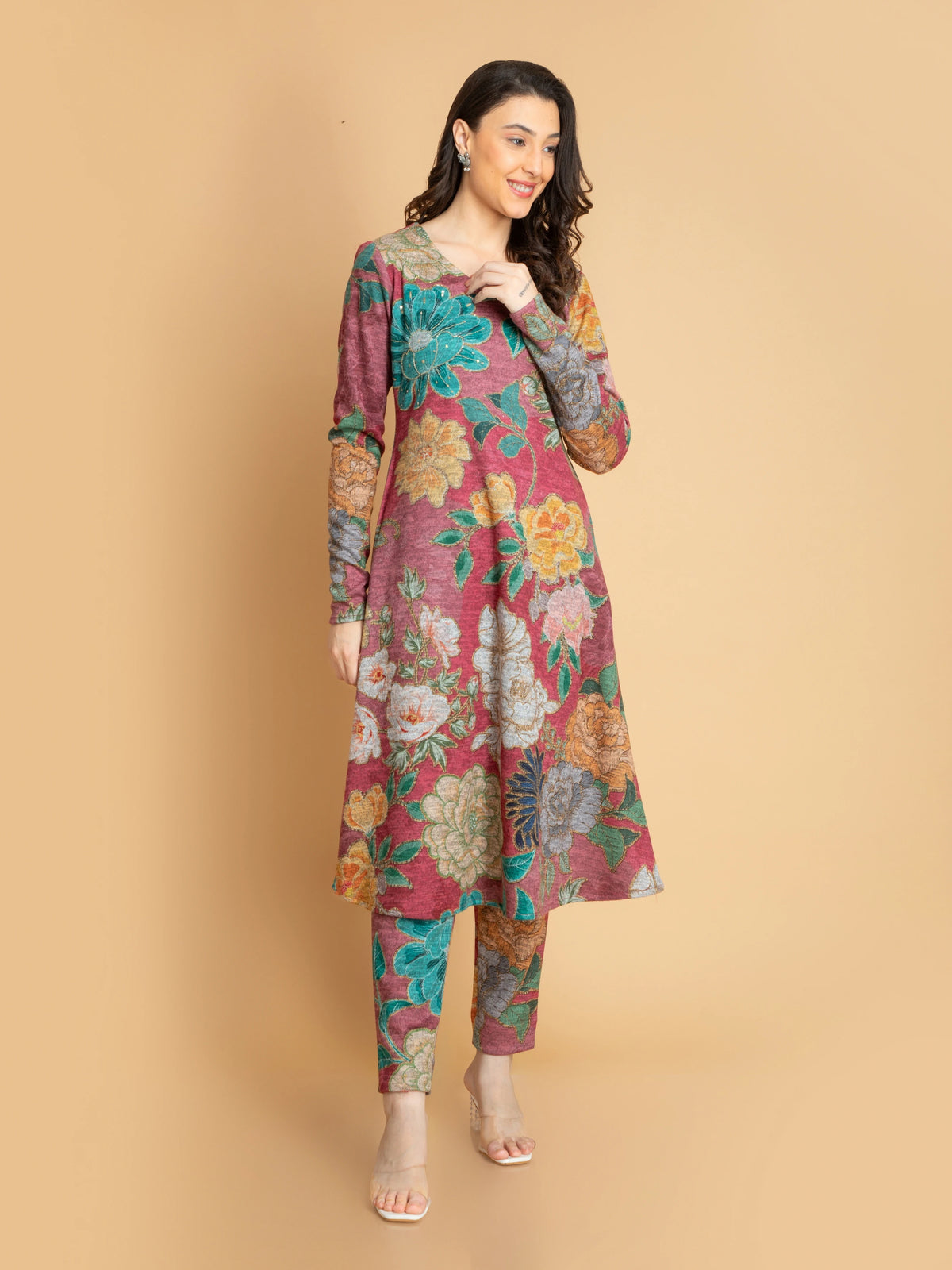 KARACHI DIGITAL FLORAL PRINTED 3PC ALINE SET DETAILED WITH ADDA WORK HIGHLIGHT