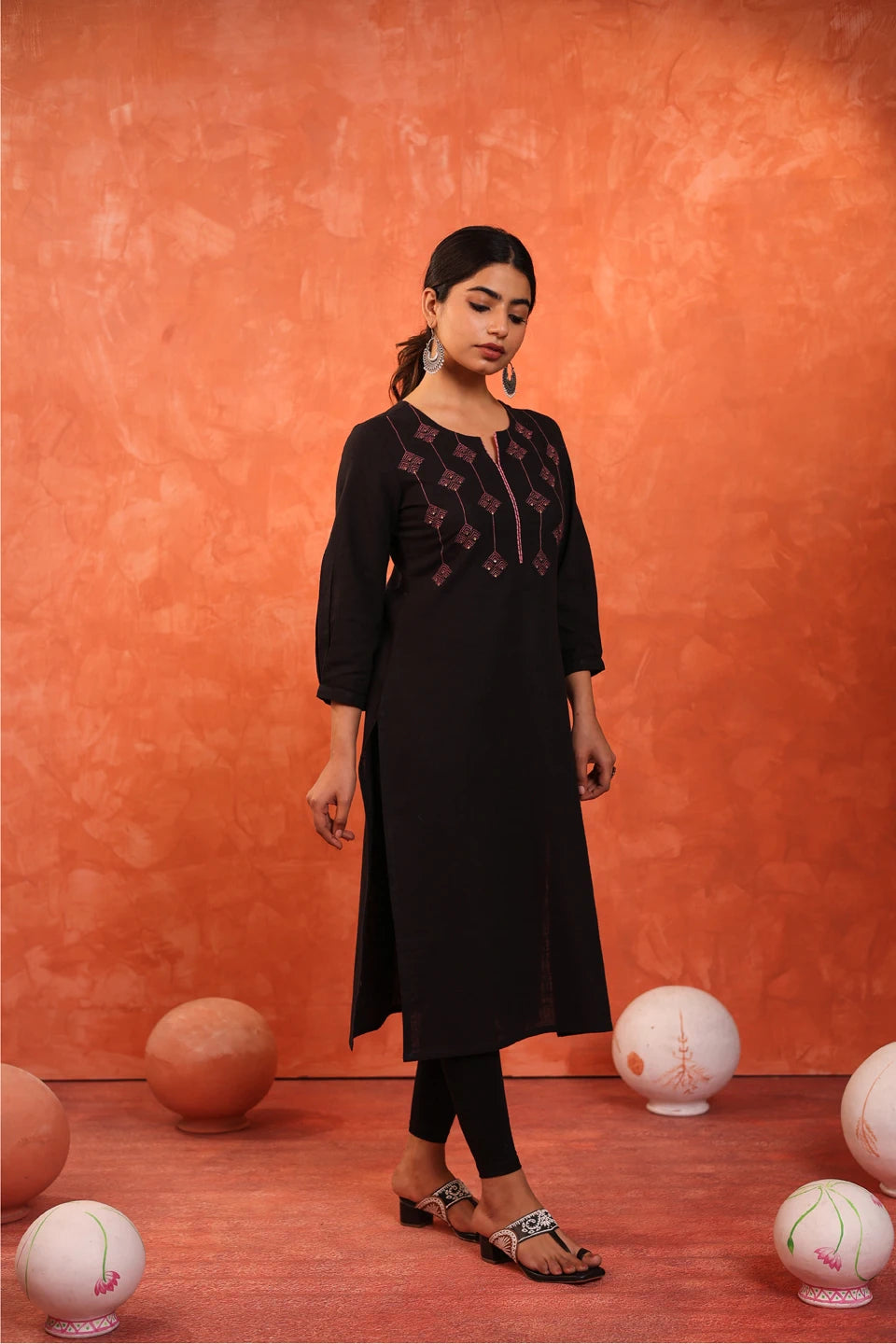 COTTON SLUB EMBROIDERED KURTI WITH SEQUENCE HIGHLIGHT