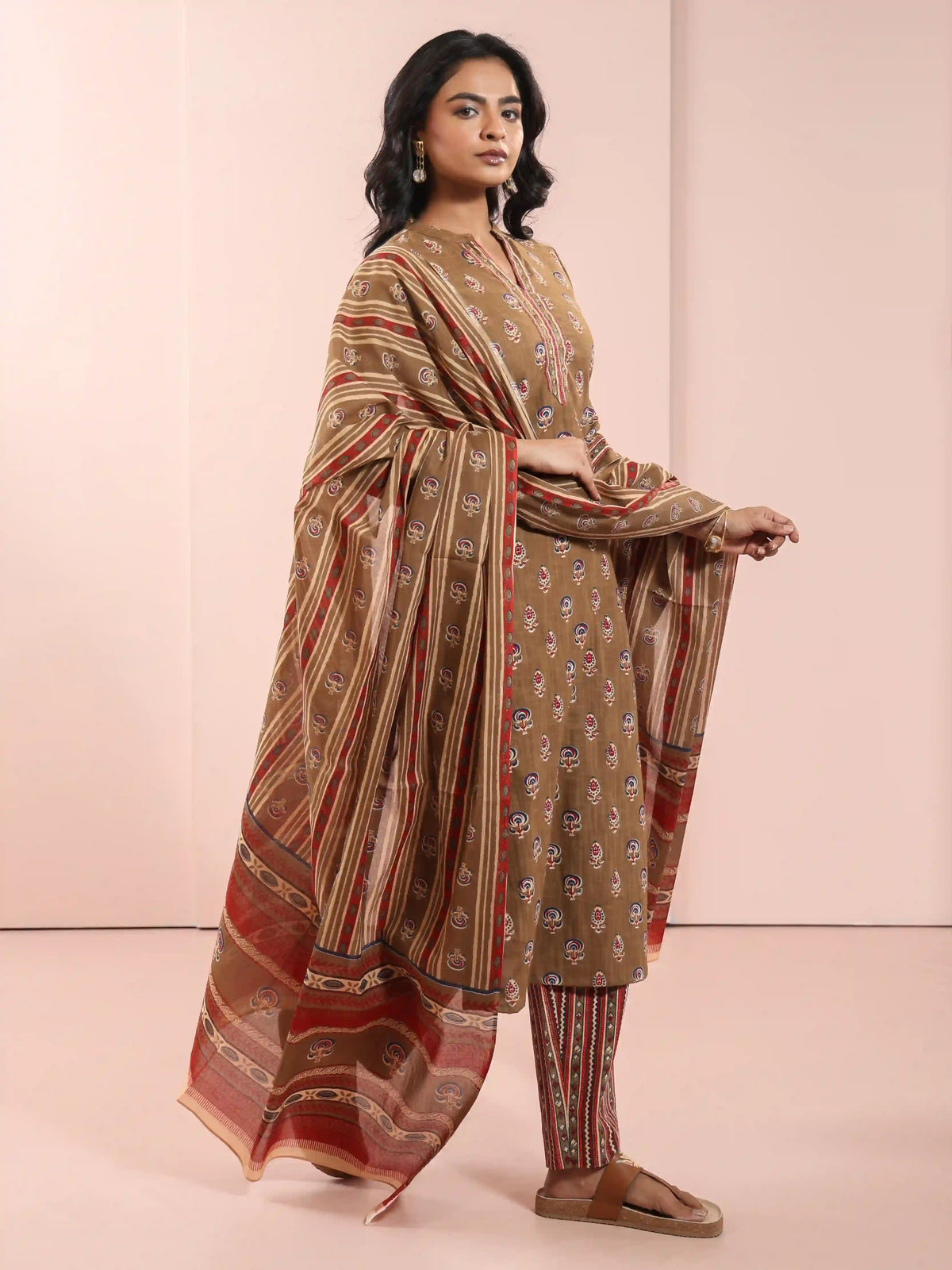 Women Khakhi Green Color 3pc-kurta-set-embellished-with-hand-craft-details