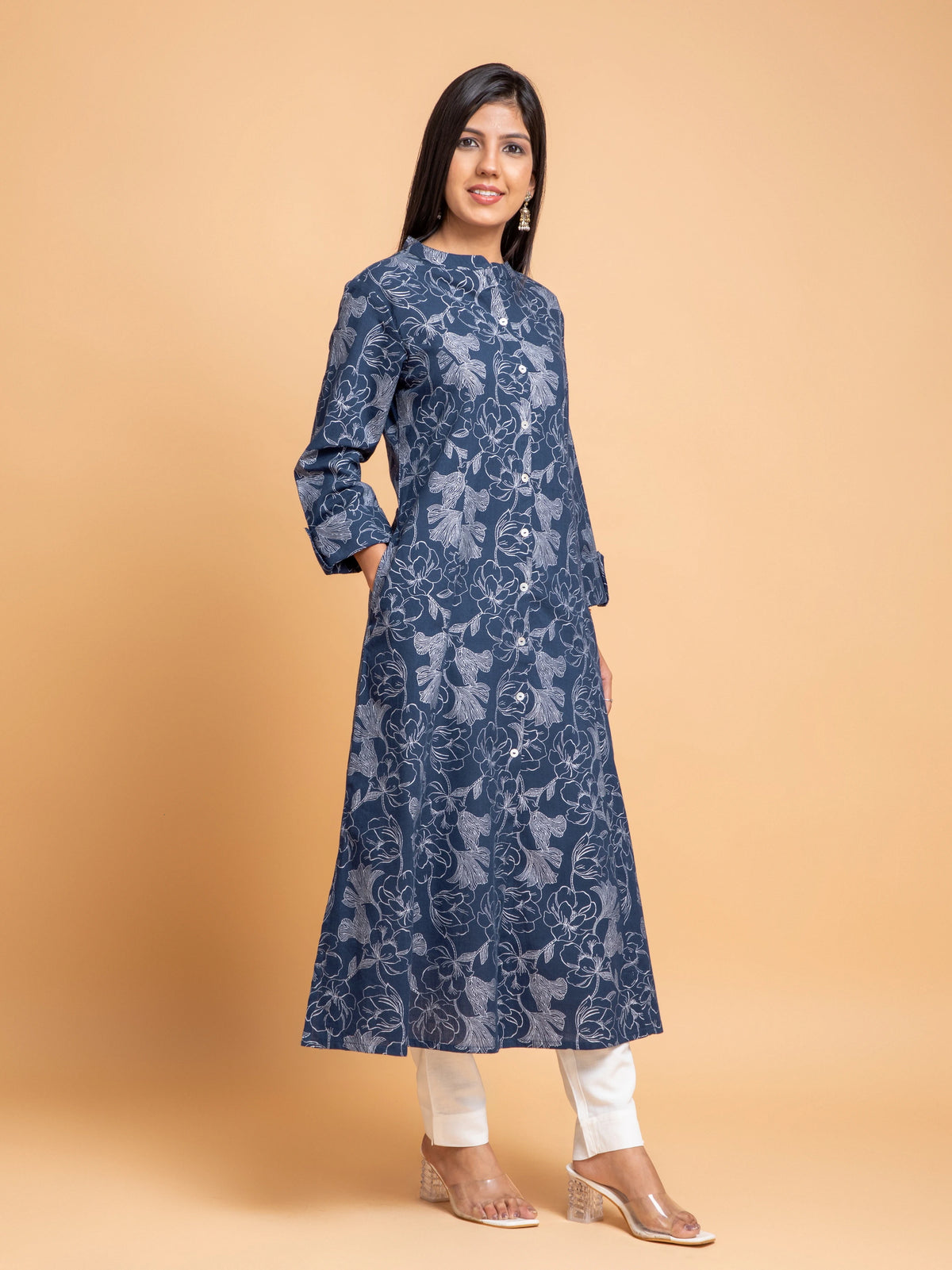 SILVER FLORAL PRINTED A-LINE PRINCESS CUT KURTI