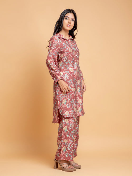 FLORAL PRINTED 2PC CO-ORD SET DETAILED WITH ADDA WORK CRAFT BUTTONS