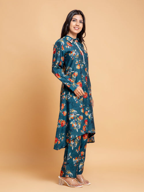 FLORAL PRINTED C-CUT HIGH-LOW 2PC CO-ORD SET EMBELLISHED WITH ADDA WORK DETAILS