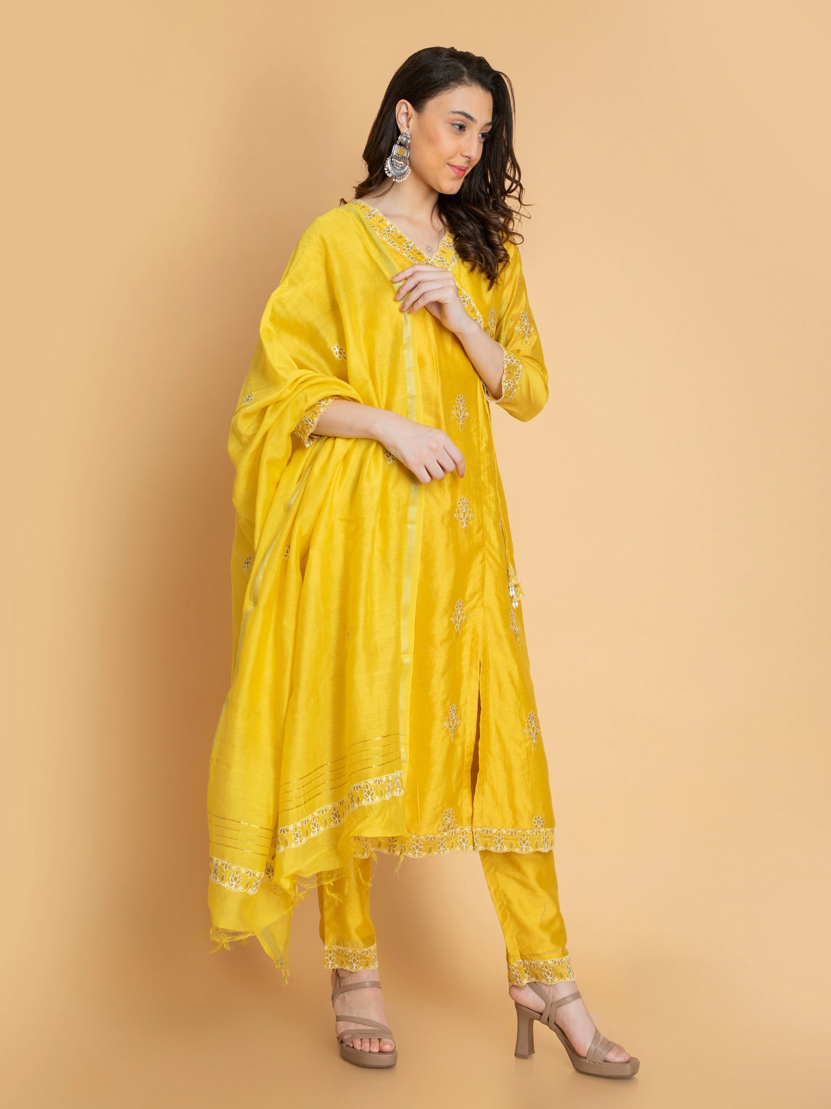 CHIKANKARI EMBROIDERED CHANDERI 3PC ANGRAKHA SET EMBELLISHED WITH DORI LATKAN