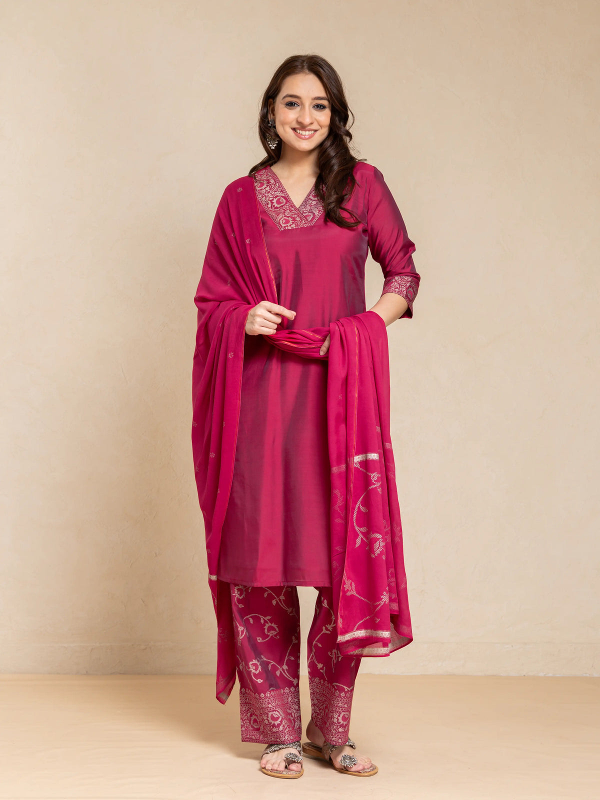 SILK BASE 3PC BROCADE GOLD PRINTED KURTA SET WITH SCALLOPED EMBROIDERY