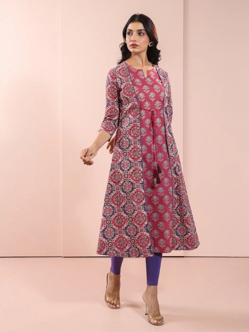 MUL COTTON AJRAK PRINTED SHRUG LOOK KURTI EMBELLISHED WITH ADDA WORK CRAFT