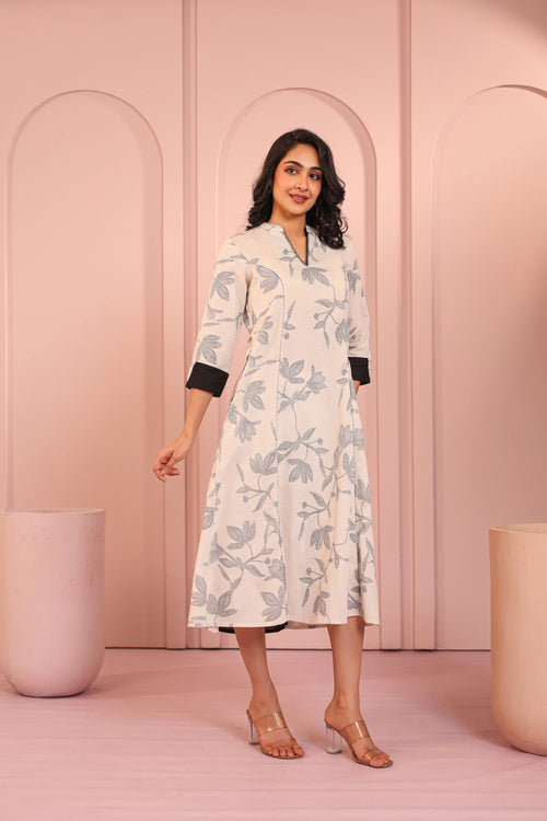 LINEN BLEND KHADI PRINTED FASHION WEAR DRESS EMBELLISHED WITH HAND CRAFT DETAIL