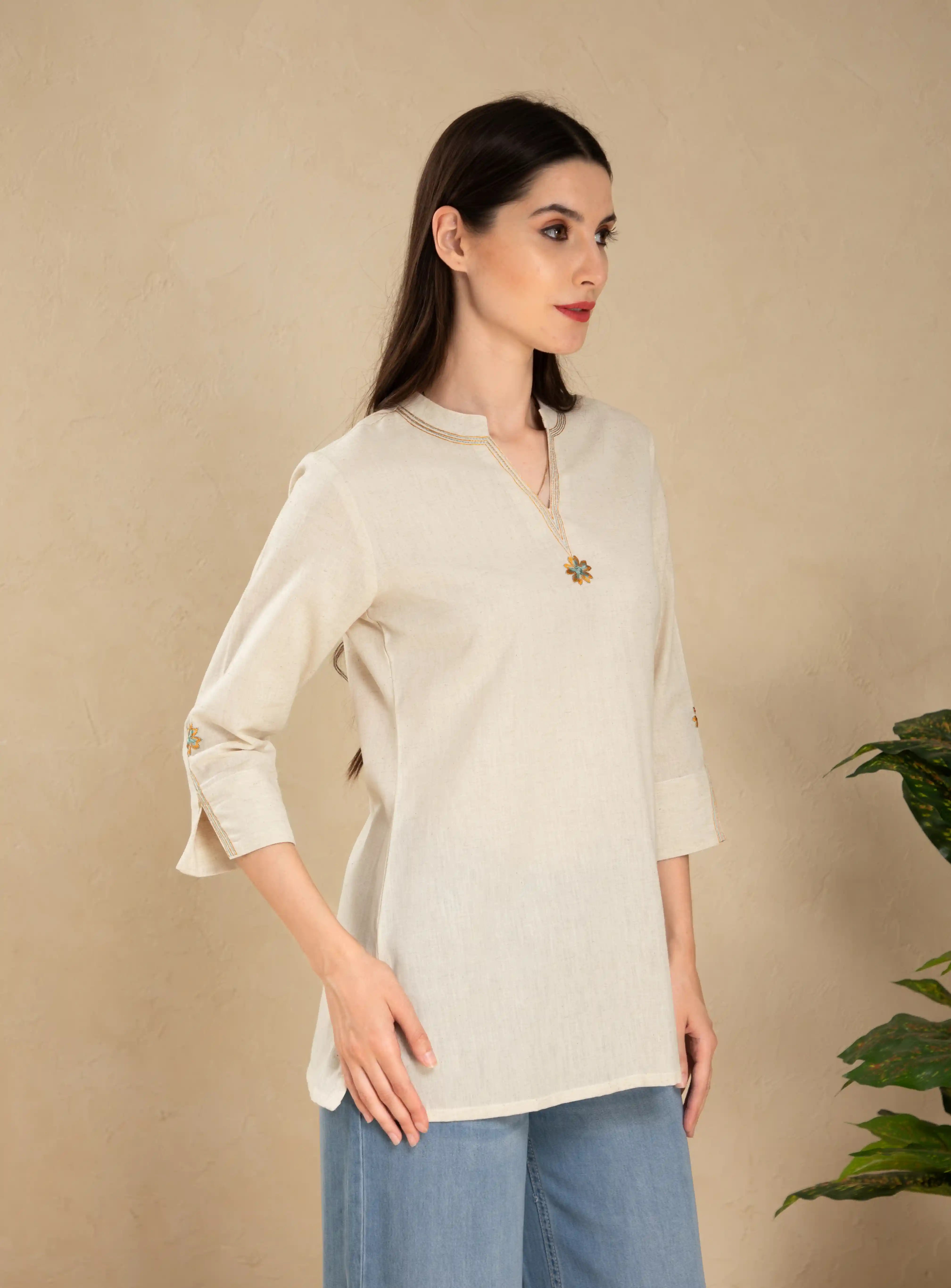 women Natural Color linen-blend-craft-embroidered-short-top