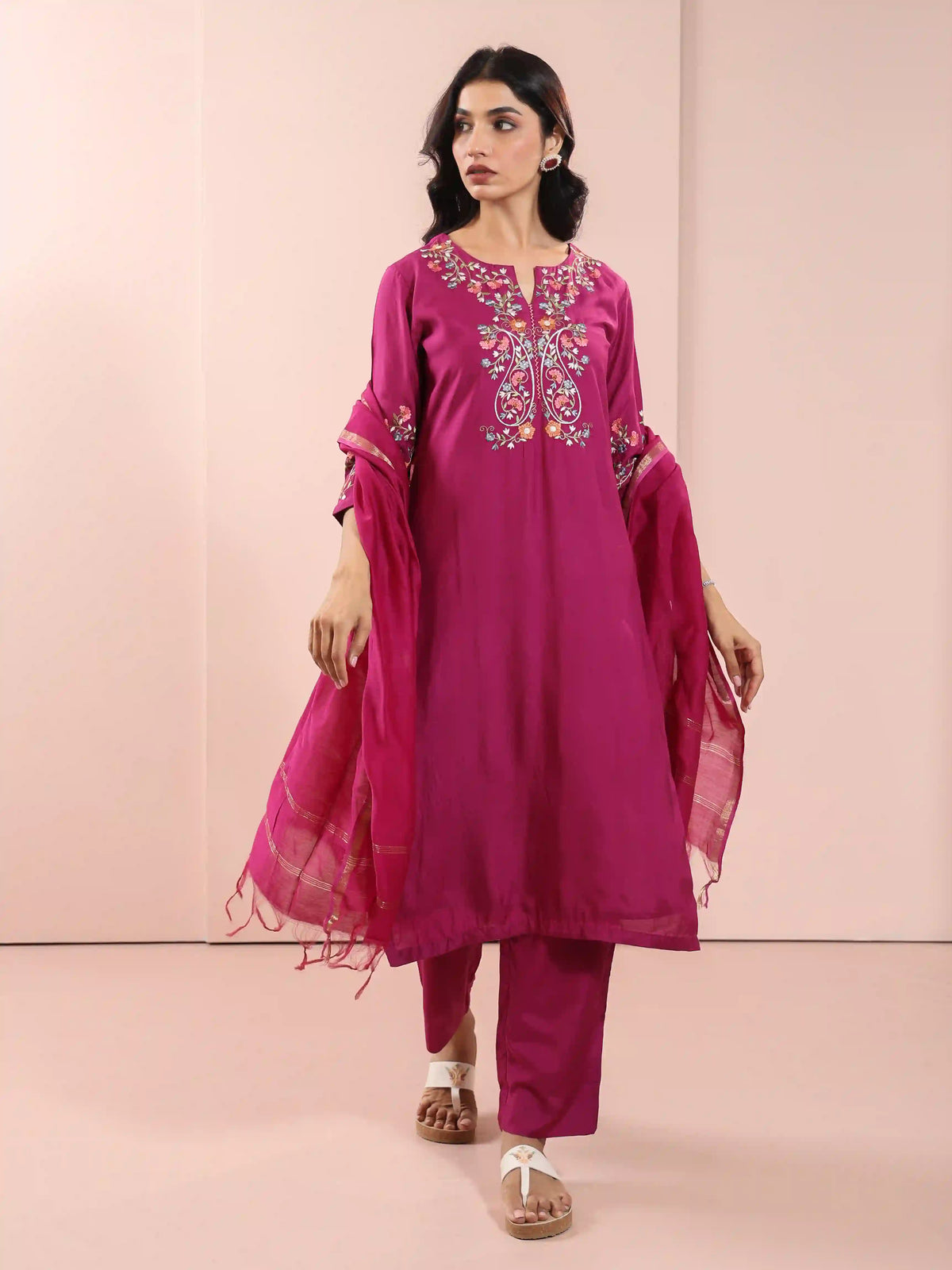 Muslin Silk 3PCS Kurta Pant Set with Embroidery