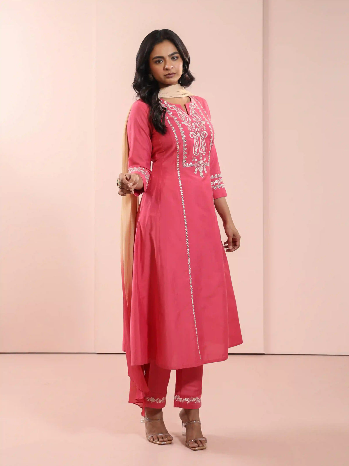 MIRROR EMBROIDERED 3PC FLAIRED KURTA SET PAIRED WITH CHIFON OMBREY DUPATTA