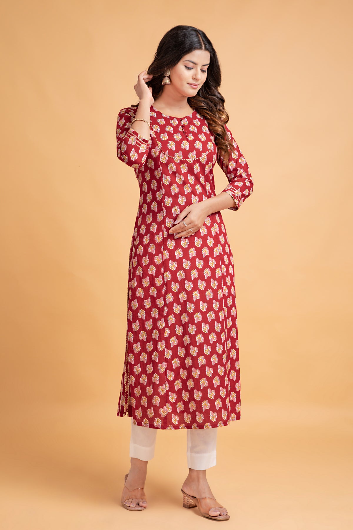 Floral A-Line Long Kurti with Craft Buttons & Lace Work