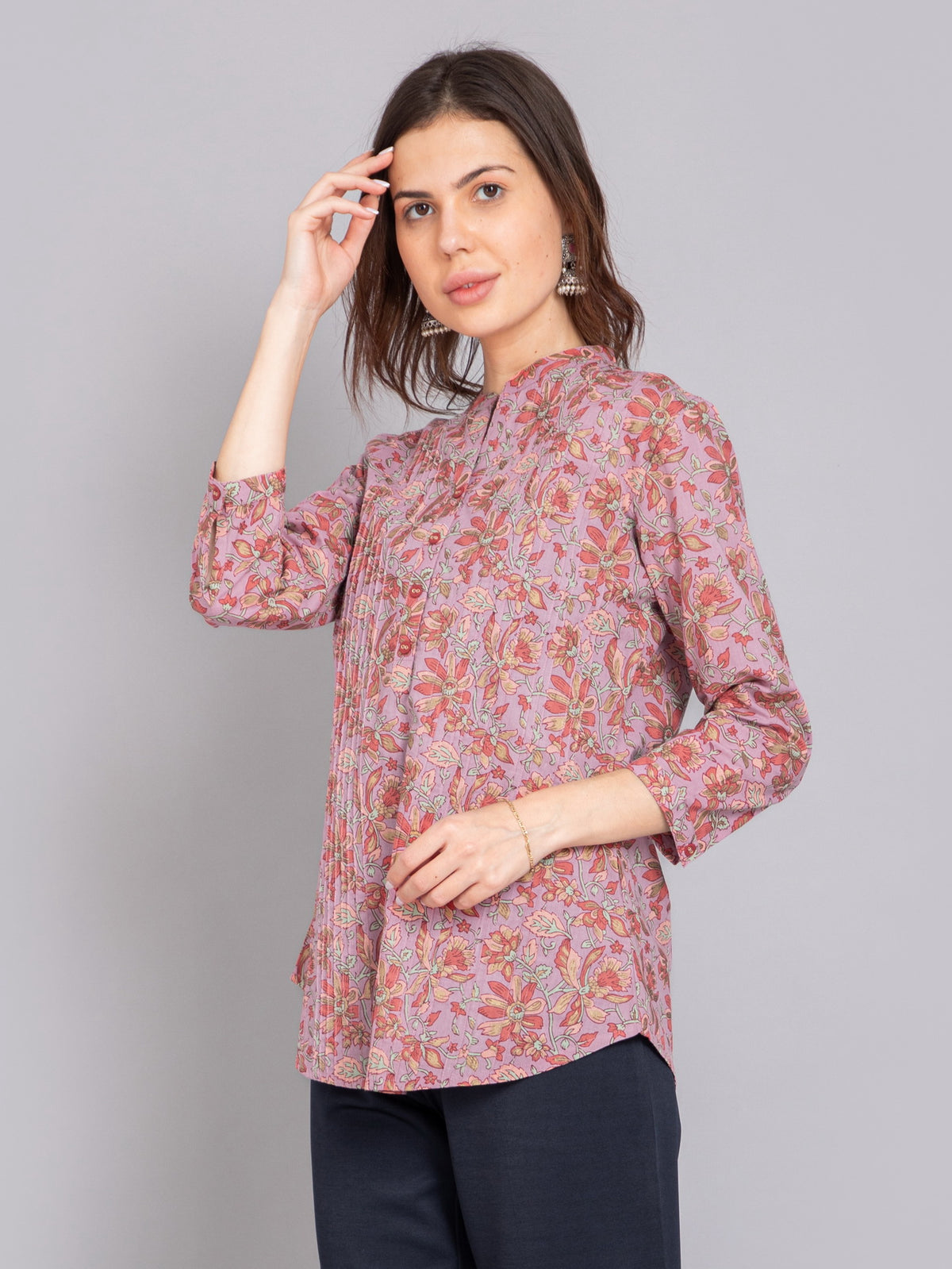 Mul Cotton Floral Printed Short Top with Pintuck Details