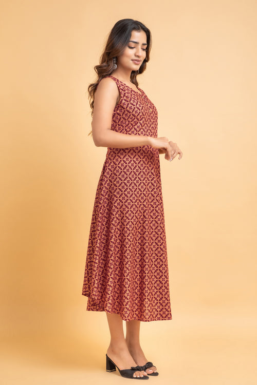 Flared Gold Printed A-Line Long Dress