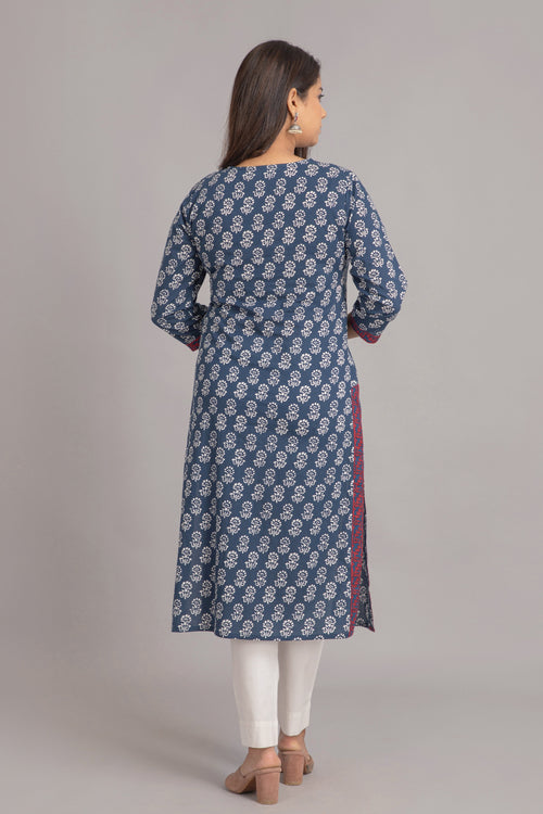 Mul Cotton Printed Long Kurti with Kantha Work