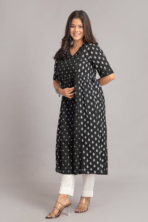 Mul Cotton Printed Flared Long Kurti with Sequin Detail