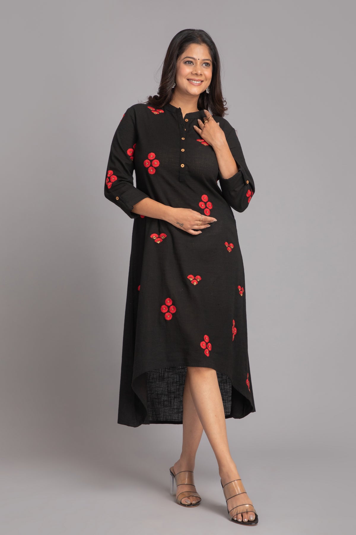 Cotton Slub Embroidered High-Low Long Kurti