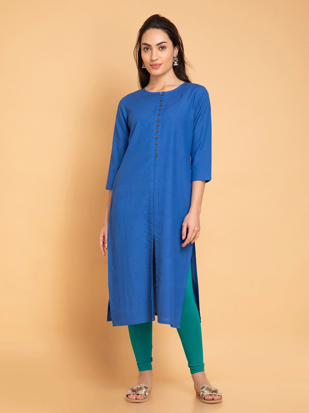 Linen Blend Long Kurti with Metal Buttons