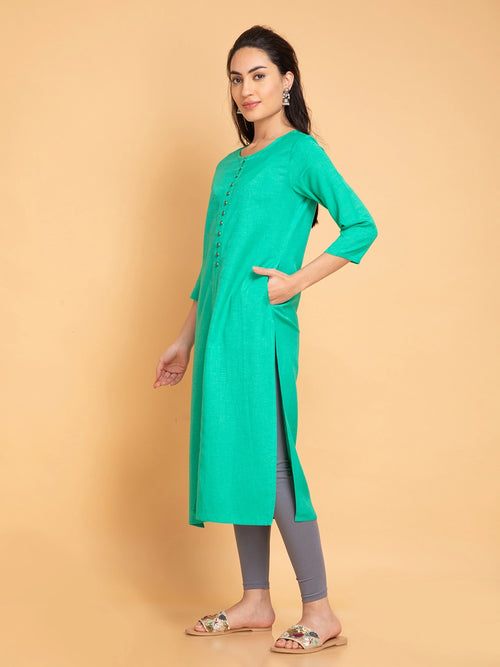 Linen Blend Long Kurti with Metal Buttons