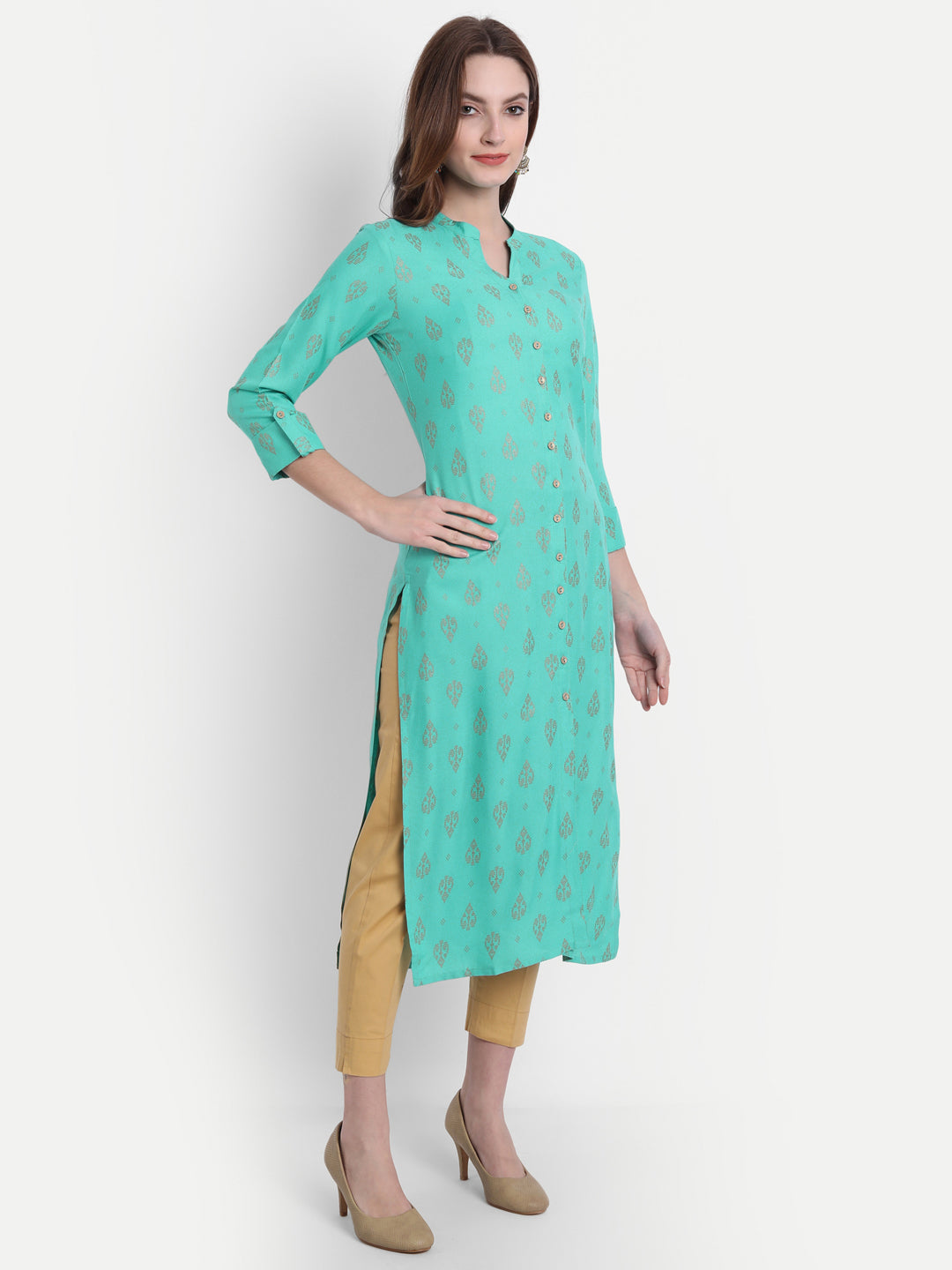 Suti Women Rayon Gold Printed Long Kurti