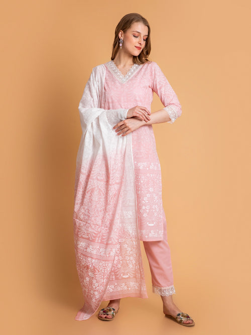 Khadi Printed 3Pc Kurta Pant & Ombre Dupatta Set