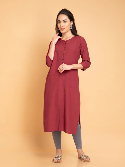 Linen Blend Long Kurti with Metal Buttons