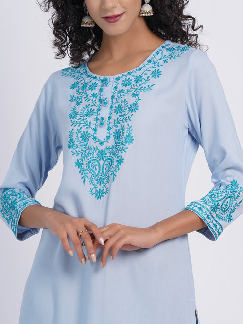 Chikankari Embroidered Rayon Long Kurti with Craft Buttons