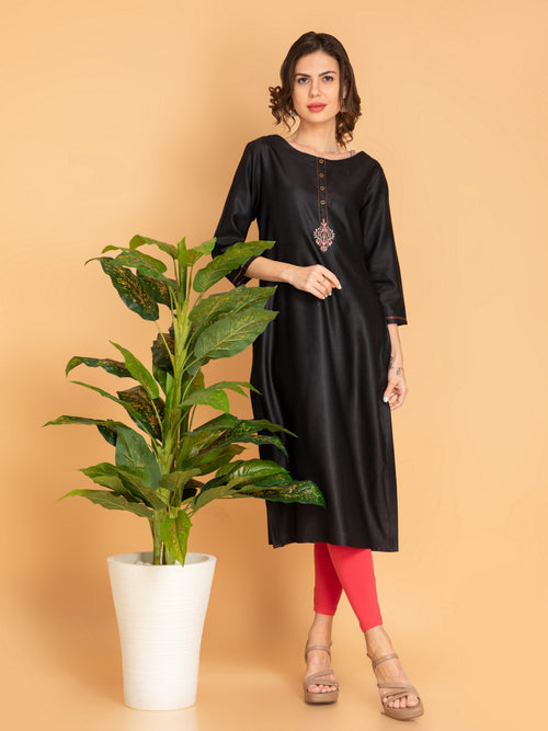 Black Embroidered Straight Long Kurti