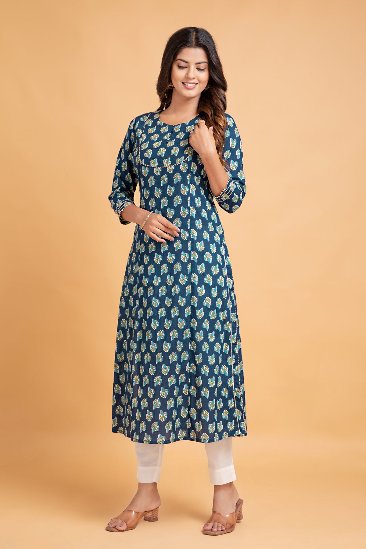 Floral A-Line Long Kurti with Craft Buttons & Lace Work