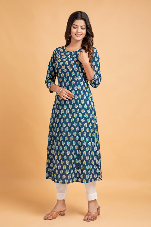 Floral A-Line Long Kurti with Craft Buttons & Lace Work