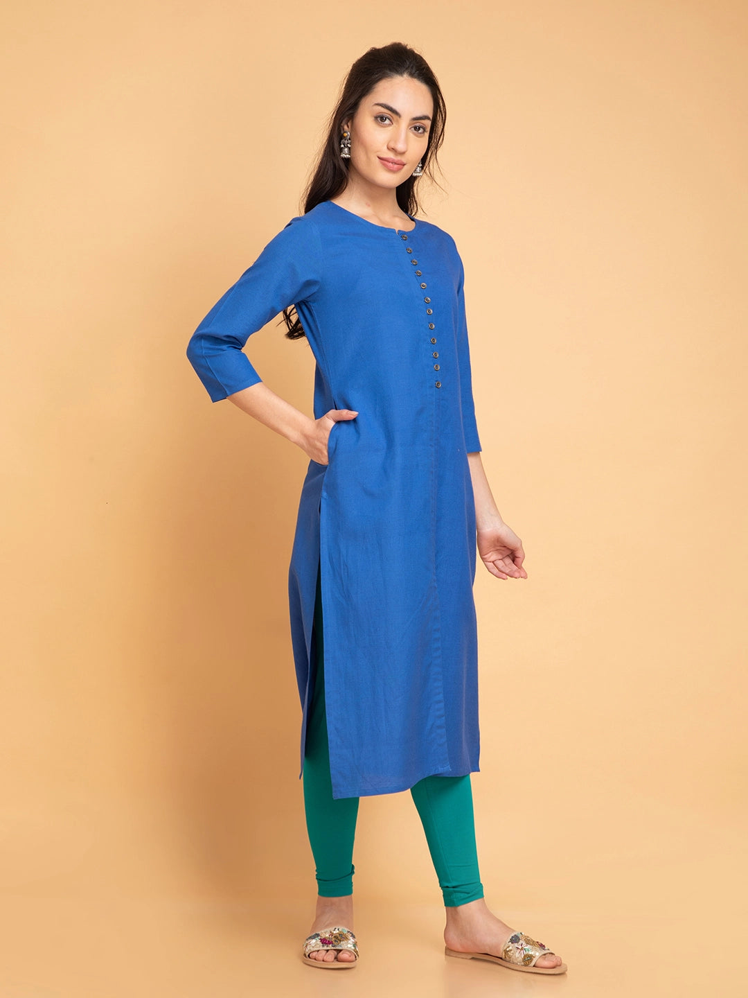 Linen Blend Long Kurti with Metal Buttons