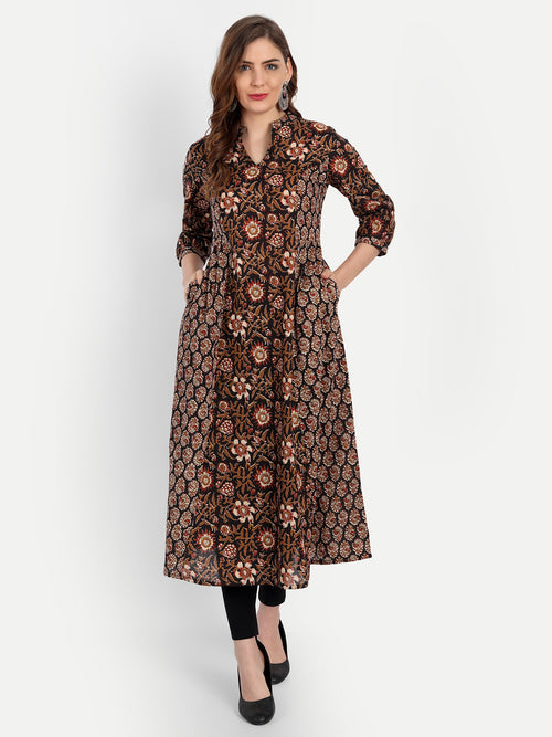 A-Line Cotton Kurti with Ajrakh Print