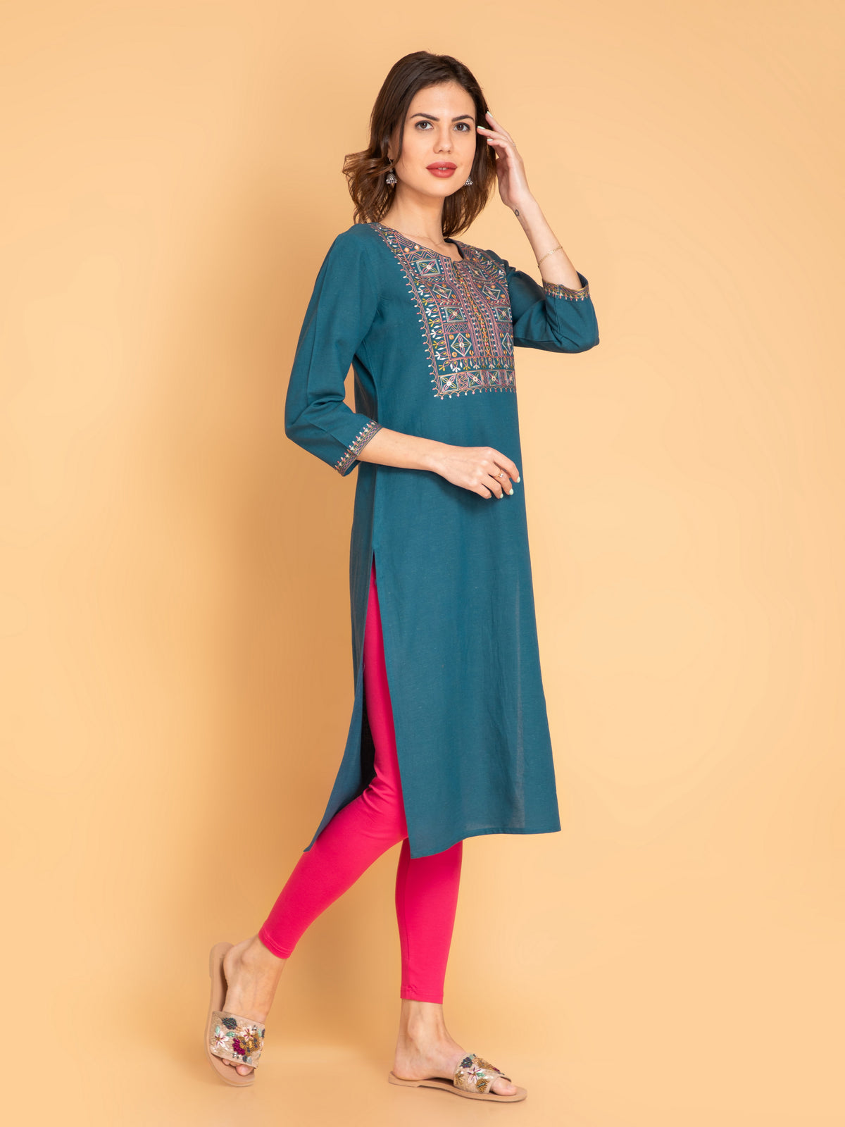 Linen Blend Embroidered Long Kurti