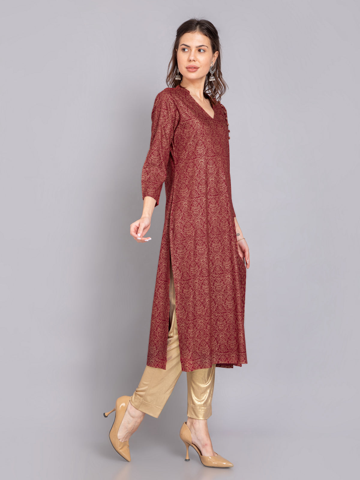 GOLD PRINTED FESTIVE LOOK KURTI EMBELLISHED WITH CRAFT BUTTONS